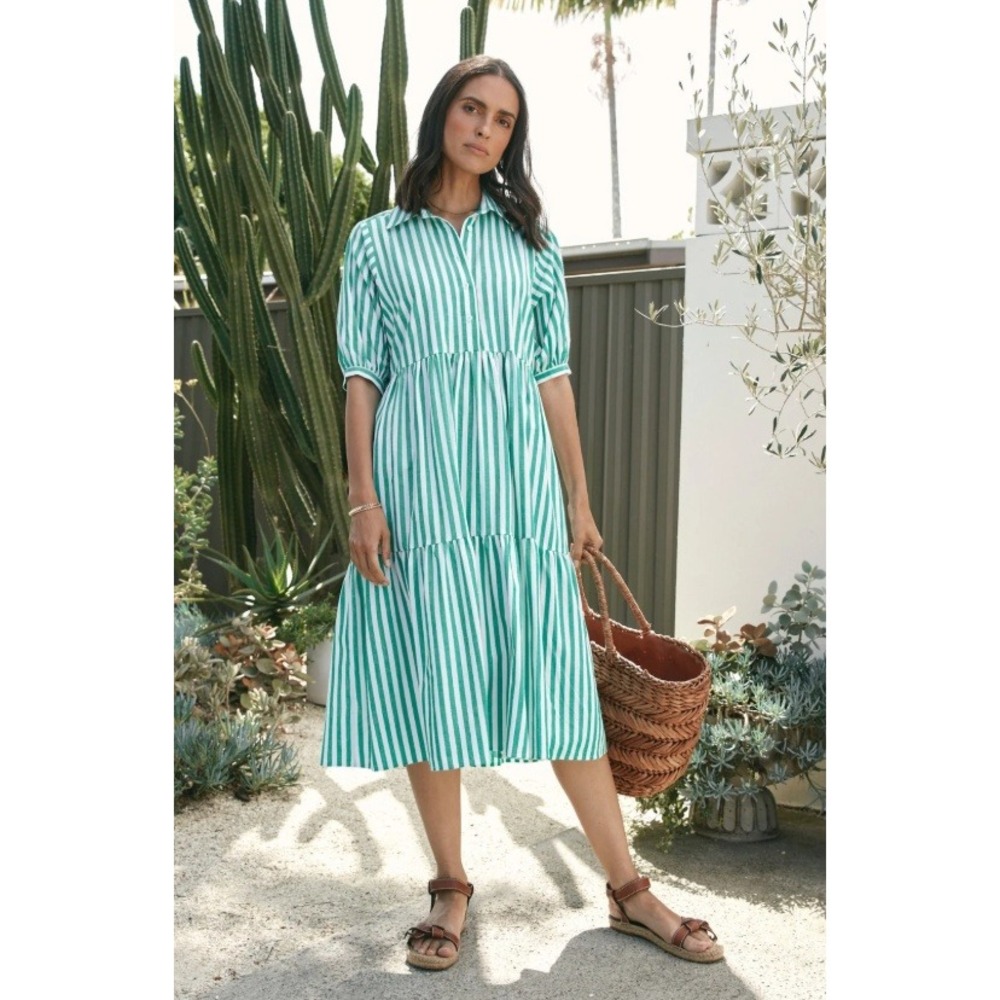 MAYE Marnie Shirt Dress Green White Striped Tiered Short Sleeve Midi Pockets 2X